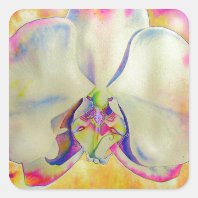 Abstract tropical boho orchid watercolor painting square sticker (Front)