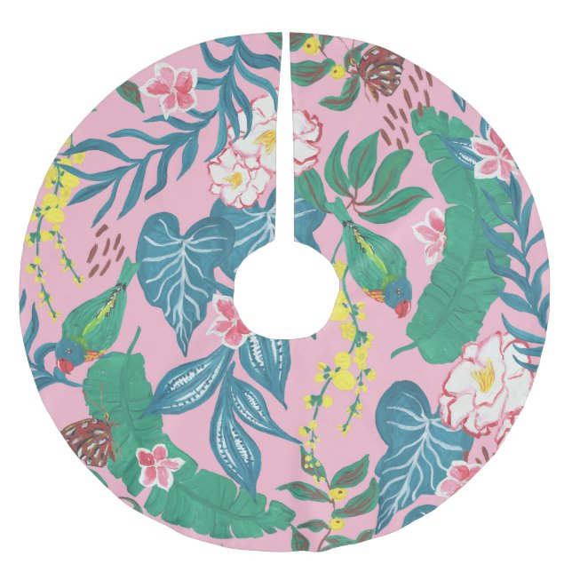 Abstract tropical flowers, guache painting pattern brushed polyester tree skirt (Front)