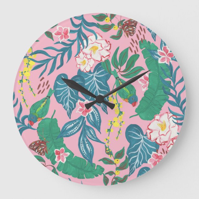 Abstract tropical flowers, guache painting pattern large clock (Front)