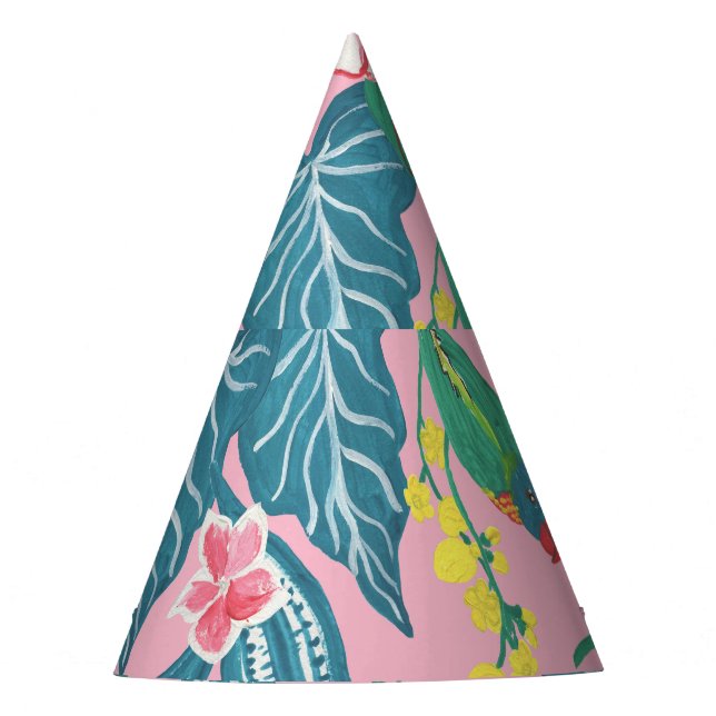 Abstract tropical flowers, guache painting pattern party hat (Front)