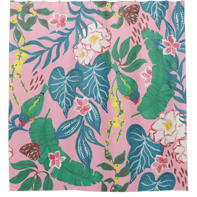 Abstract tropical flowers, guache painting pattern shower curtain (Front)