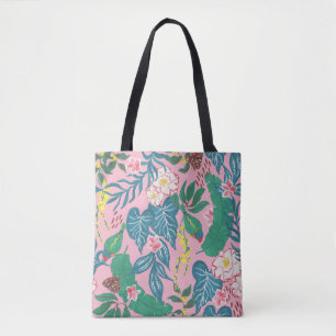 Abstract tropical flowers, guache painting pattern tote bag