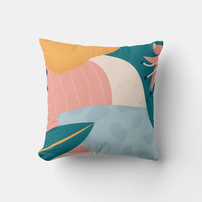 Abstract Tropical Leaf Modern Art Coral Teal Grey Cushion (Front)