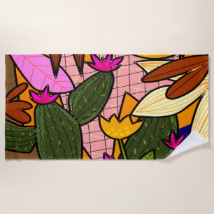Abstract tropical leaves and flowers beach towel