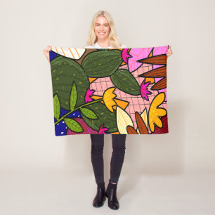 Abstract tropical leaves and flowers fleece blanket