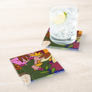 Abstract tropical leaves and flowers   glass coaster