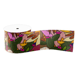 Abstract tropical leaves and flowers   grosgrain ribbon