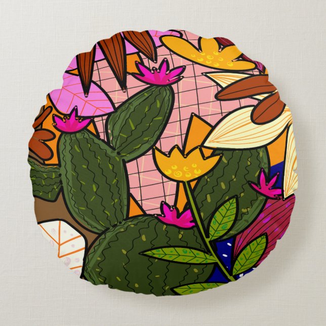 Abstract tropical leaves and flowers   round cushion (Front)