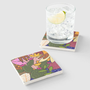 Abstract tropical leaves and flowers  stone coaster