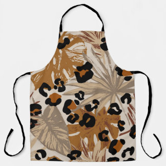 Abstract tropical leaves and grunge leopard camouf apron