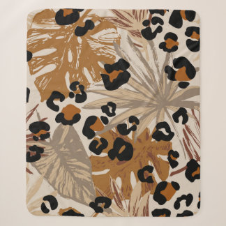 Abstract tropical leaves and grunge leopard camouf sherpa blanket
