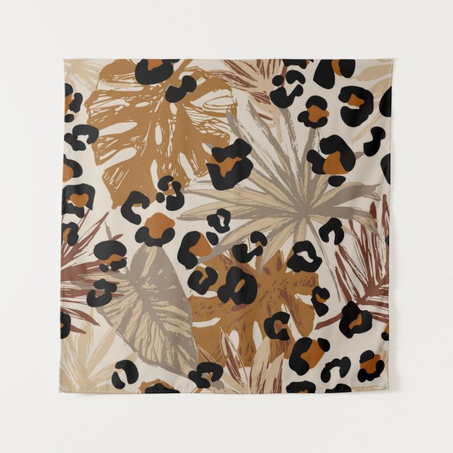 Abstract tropical leaves and grunge leopard camouf tapestry (Front)