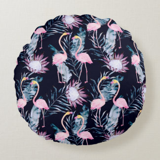 Abstract tropical pattern with flamingo, protea, l round cushion