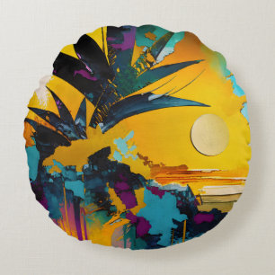 Abstract Tropical Sunset Explosion Round Cushion