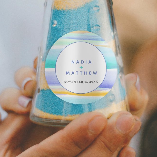 Abstract tropical tidal blue aqua yellow wedding classic round sticker (Creator Uploaded)