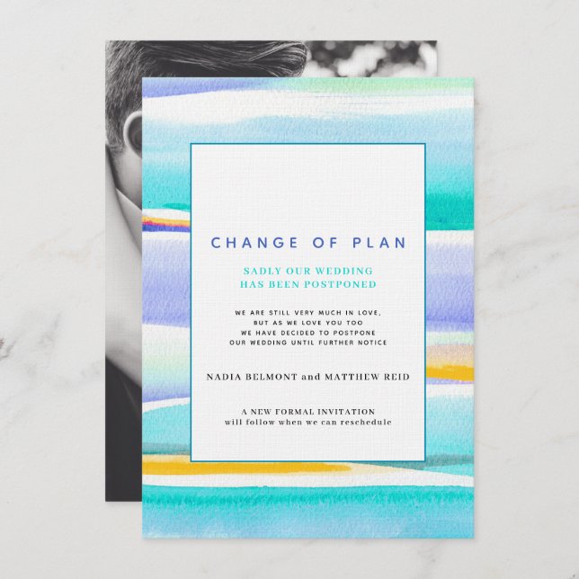 Abstract tropical tide aqua wedding change of plan invitation (Front/Back)