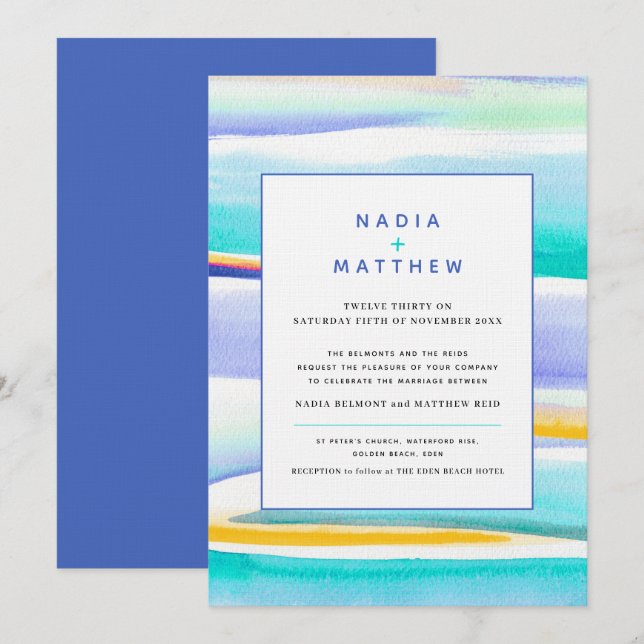 Abstract tropical tide lines blue yellow wedding invitation (Front/Back)