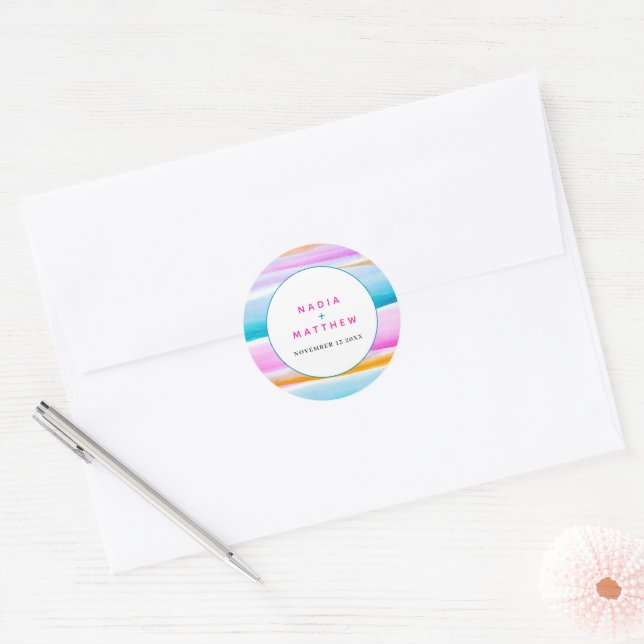 Abstract tropical tide lines pink aqua wedding classic round sticker (Envelope)