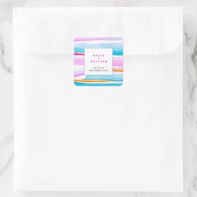 Abstract tropical tide lines pink aqua wedding square sticker (Bag)