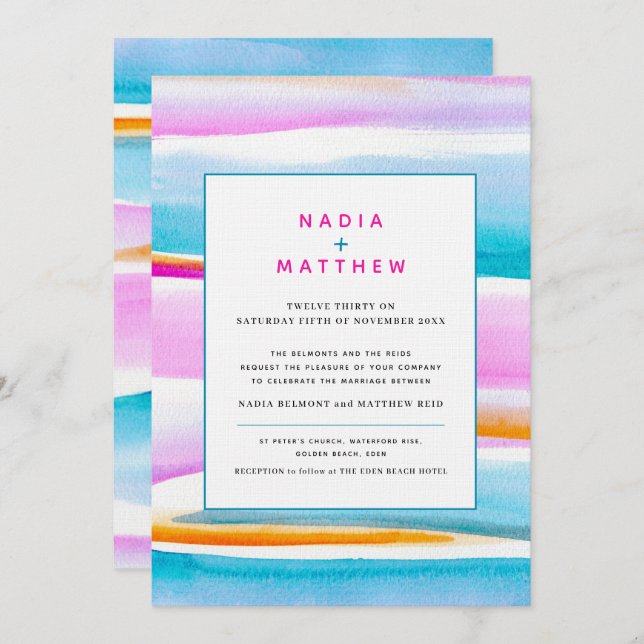 Abstract tropical tide lines pink teal wedding invitation (Front/Back)