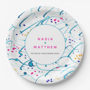 Abstract tropical waves pink aqua orange wedding paper plate
