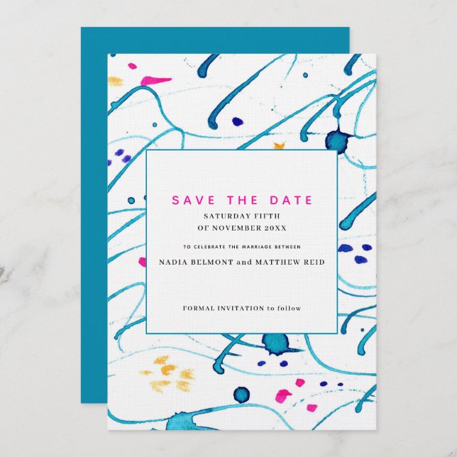 Abstract tropical waves wedding save the date invitation (Front/Back)