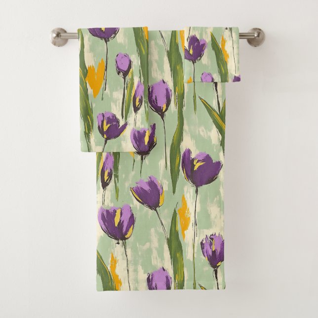Abstract Tulip Blooms on Mint Green Background Bath Towel Set (Insitu)