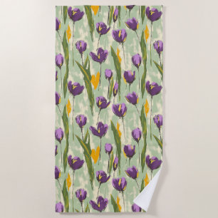Abstract Tulip Blooms on Mint Green Background Beach Towel