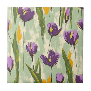 Abstract Tulip Blooms on Mint Green Background Tile