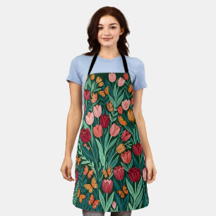 Abstract Tulip Garden Orange Butterflies Apron