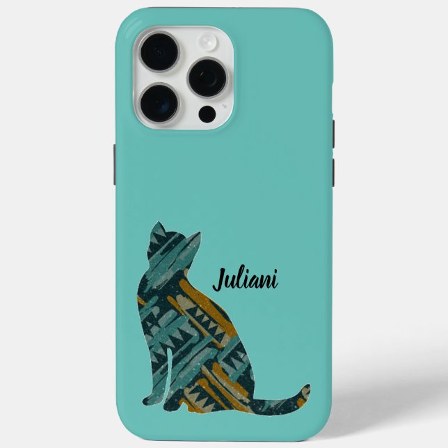 Abstract Turquoise and Gold Cat Lover Case-Mate iPhone Case (Back)