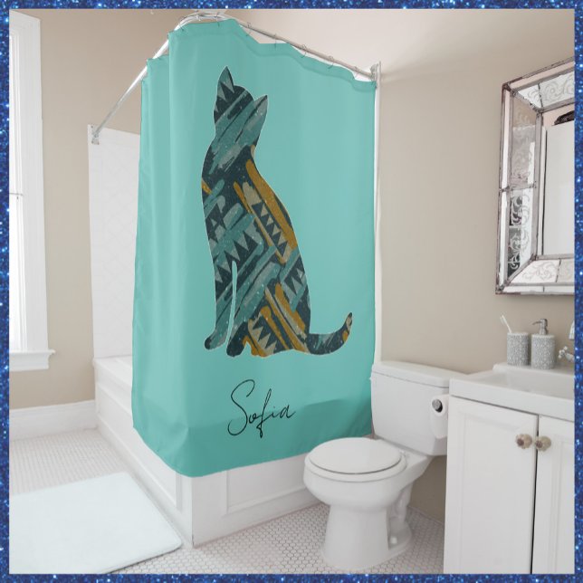 Abstract Turquoise and Gold Cat Shower Curtain (Creator Uploaded)