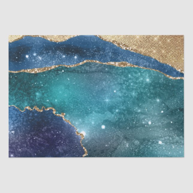 Abstract Turquoise Gold Glitter Galaxy Agate Tissue Paper (Front)