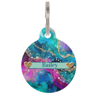 Abstract Turquoise Pink & Purple With Gold Glitter Pet Tag