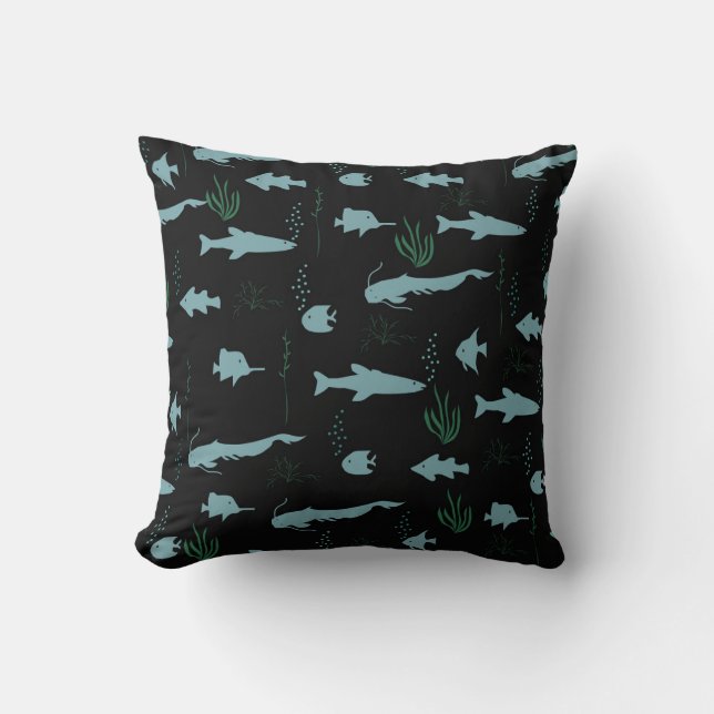 Abstract underwater pattern with fishes and seawee cushion (Front)