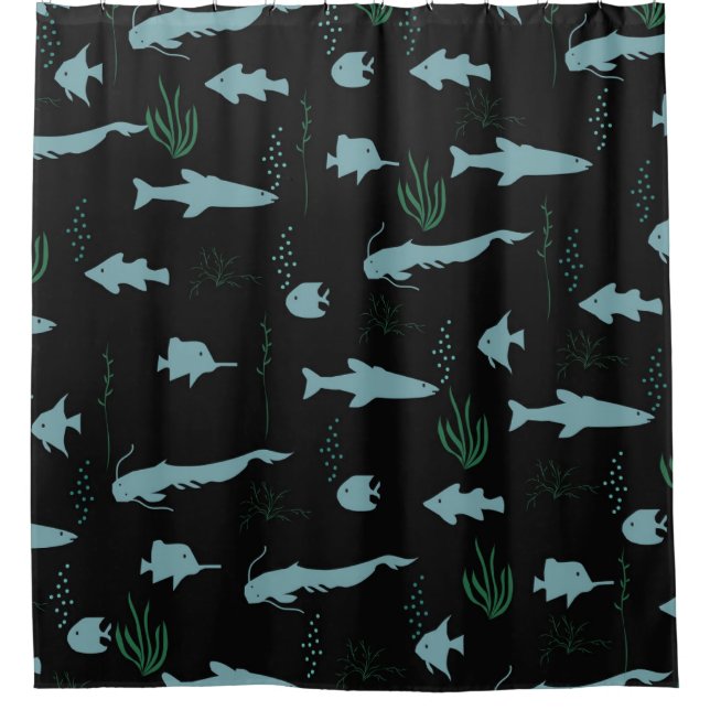Abstract underwater pattern with fishes and seawee shower curtain (Front)