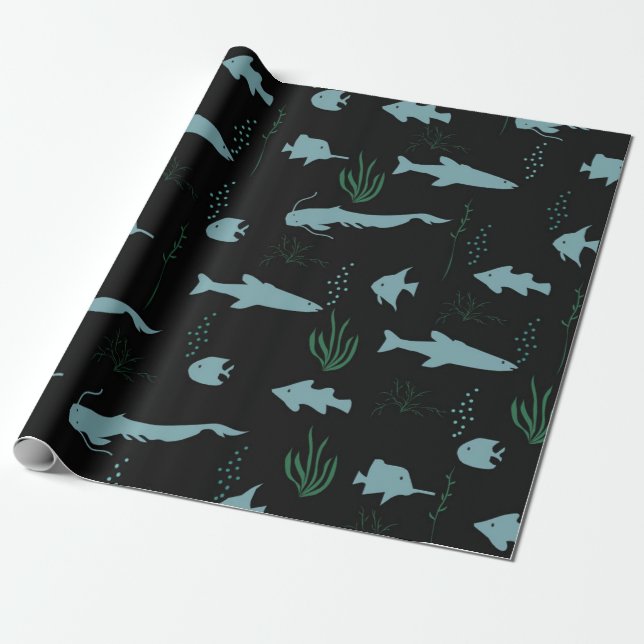 Abstract underwater pattern with fishes and seawee wrapping paper (Unrolled)