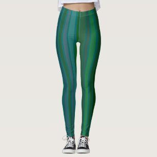Abstract, Uneven, Wonky Green and Blue Striped Leggings