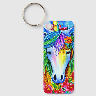 Abstract unicorn Face flowers watercolor Art  Key Ring