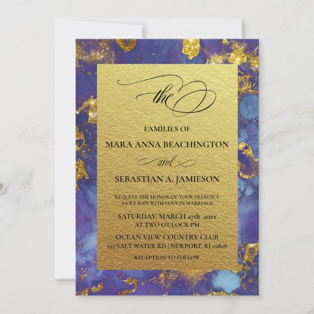 *~* Abstract Unique Blue Gold Glitter Wedding Invitation (Front)