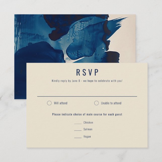 Abstract Unique Navy Blue Ink Painting Wedding RSVP Card (Front/Back)