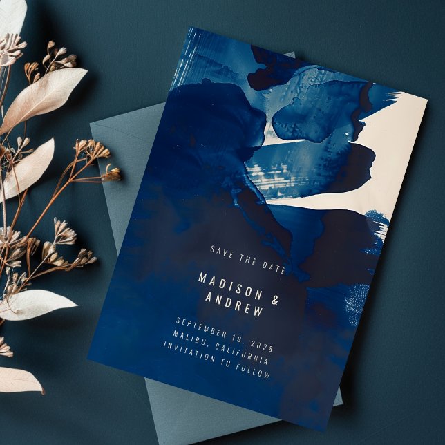 Abstract Unique Navy Blue Ink Photo Wedding Save The Date (Creator Uploaded)