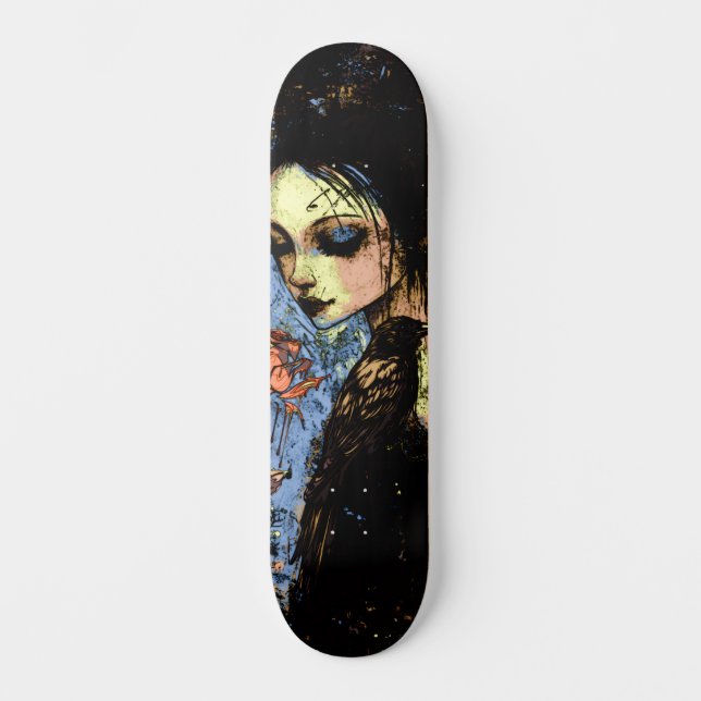 Abstract Urban Art Gothic Girl Raven Red Rose Skateboard (Front)