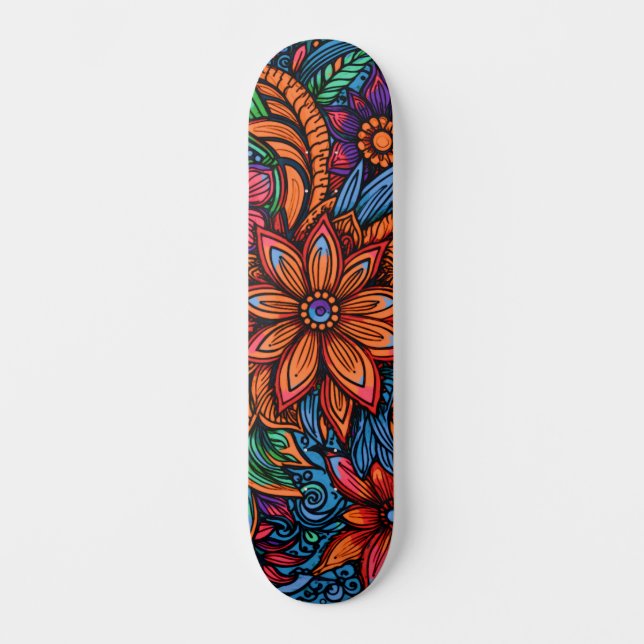Abstract Urban Art Inspired Retro Flowers Skateboard (Front)