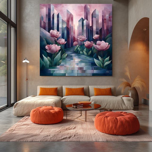 Abstract Urban Garden with Geometric Towers & Pink Canvas Print (Creator Uploaded)
