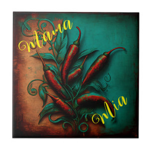 Abstract verdigris red chili painting  tile
