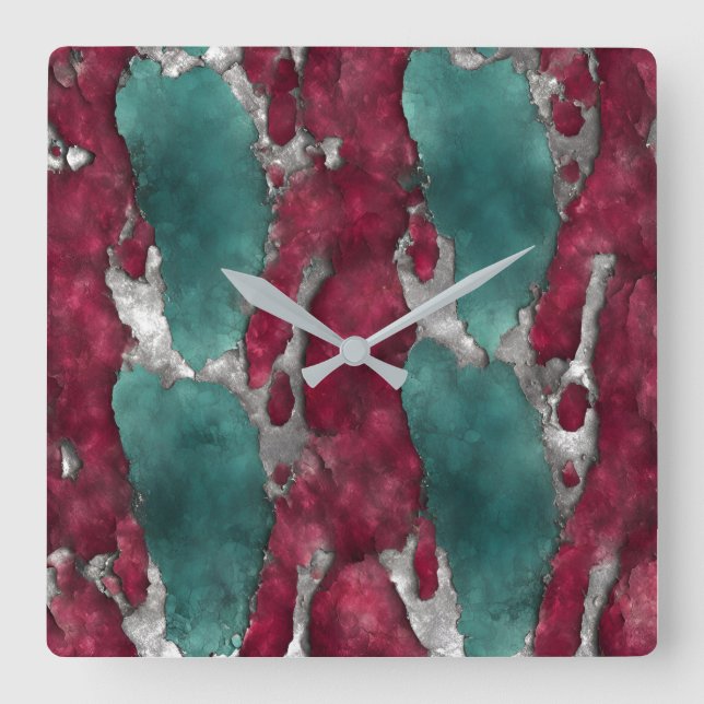 Abstract Verdigris & Ruby with Metallic Silver Square Wall Clock (Front)