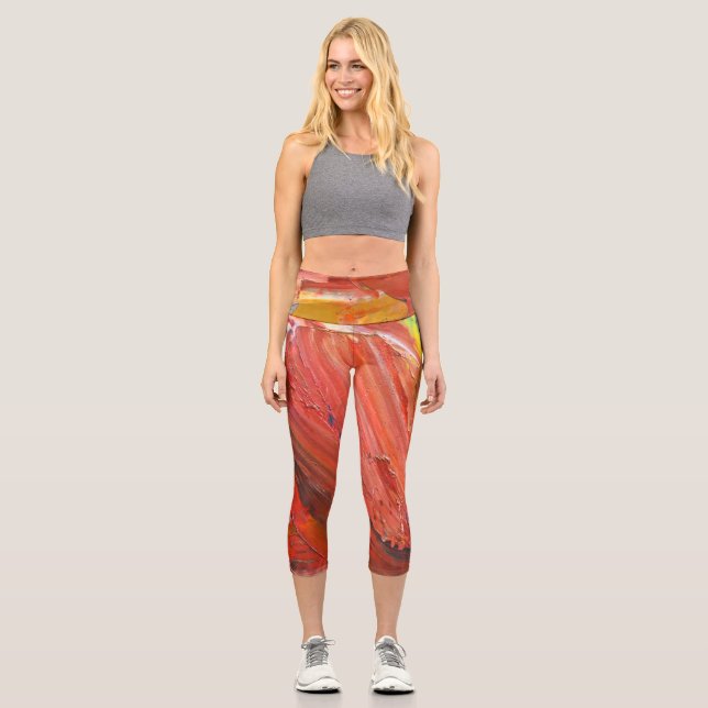 Abstract Vertical Gesture in Red Capri Leggings (Front)