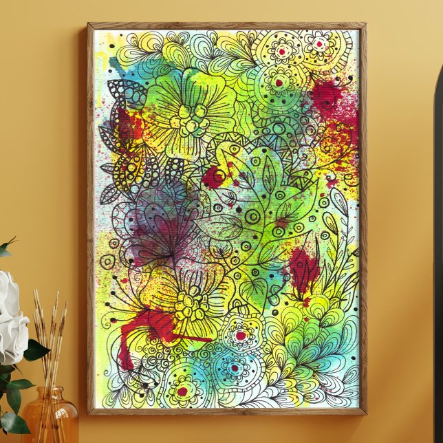 Abstract Vibrant Floral Doodle Line Artwork  Poster (Creator Uploaded)