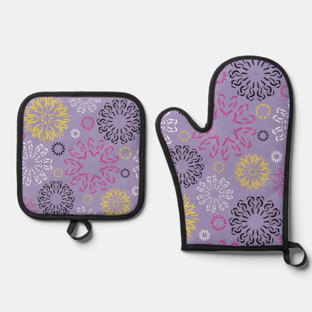 Abstract Vibrant Floral Pattern  Oven Mitt & Pot Holder Set (Front)